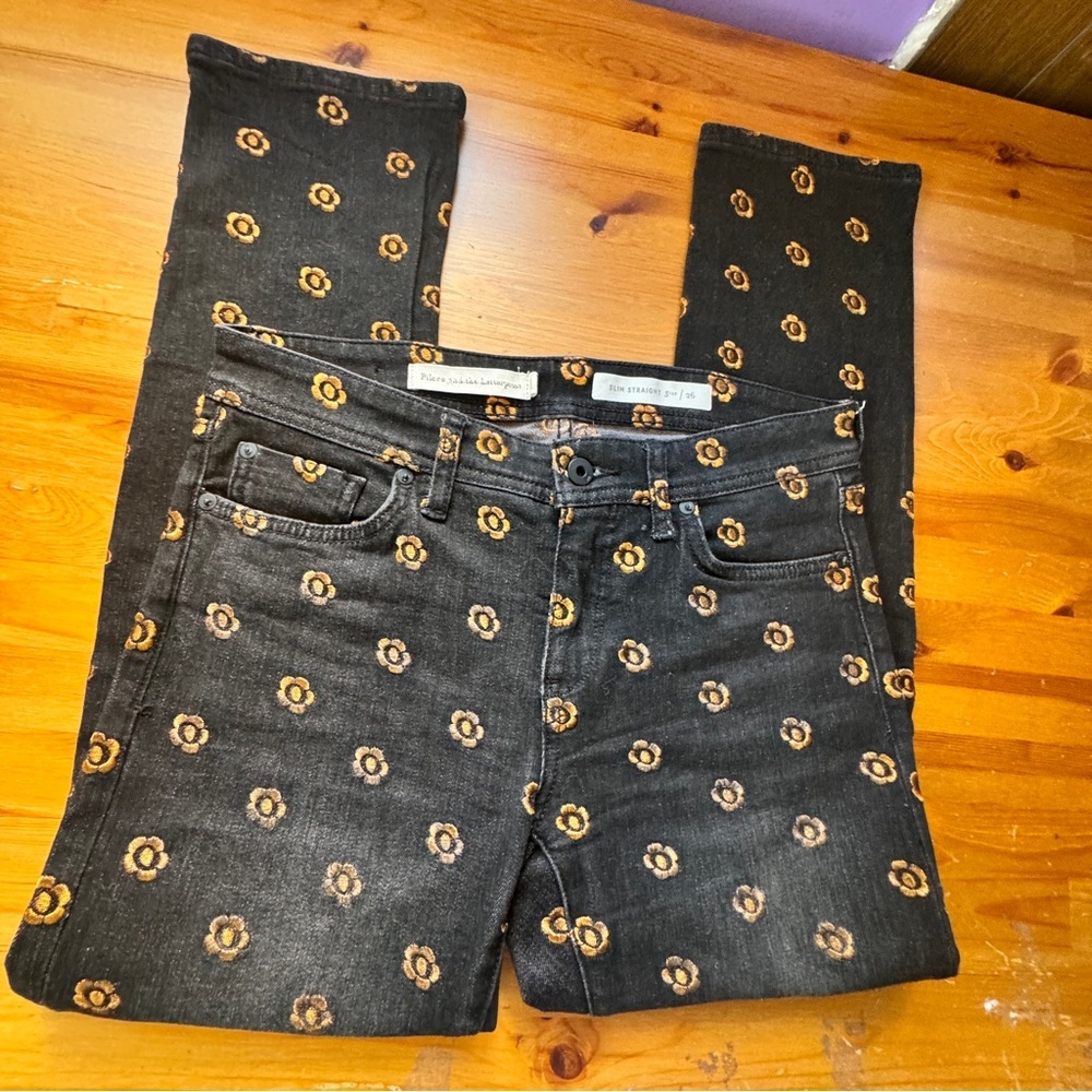 Pilcro and letterpress slim straight embellished black jeans size 26